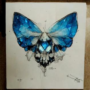 crystal moth sitting on skull, ink, splosh, ink on paper, sketch, lineart, blue crystal moth