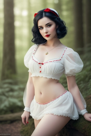 woman dressed as snow white, natural makeup, flirting, dreamy background, (((full body visible))), looking at viewer, portrait, photography, detailed skin, realistic, photo-realistic, 8k, highly detailed, full length frame, High detail RAW color art, piercing, diffused soft lighting, shallow depth of field, sharp focus, hyperrealism, cinematic lighting