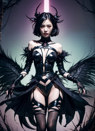 It produces works of women that combine a dark and mad world view centered on black with intense fantasy elements in high quality. She has a creepy and attractive figure, and the black fashion style that wraps around her whole body highlights her personality. The background is a fantastic fantasy world, with eerie magical lights dancing and strange creatures and magical plants. Her figure is mysterious, with a brilliant blend of dark vibes and fantasy essence.

The effects of light and shadow are skillfully presented, and the details of the black costume and her face and expression are meticulously drawn. The fantasy element intensifies even more, and a magical light envelops her. The overall atmosphere is mysterious and enchanting, yet it has its own artistic touch. The black and dark tones of this work stand out, which will evoke visual stimulation and aesthetic sensation, giving the viewer interest and mysterious charm.

We create high-quality works that weave fantasy elements into a dark and mad worldview. Her eerie and charming figure and fantastic background will make a deep impression on the viewer as a unique work of art.