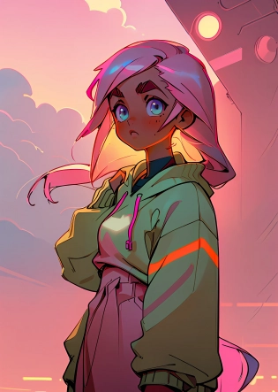 (best quality: 1. 2, masterpiece), 1girl, (close up, tan skin, pink hair, very long hair, light eyes, thick eyebrows), cyberpunk, sweatshirt, neon, cloudy sky
