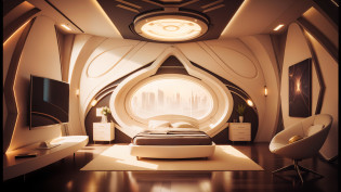 arafed bedroom with a bed and a tv in it, cozy 9 0 s bedroom retrofuturism, futuristic room, futuristic room background, retro futuristic apartment, futuristic interior, futuristic decor, futuristic architectural art, futuristic decoration, cgsociety 9, futuristic. game cg, large futuristic residence, detailed futuristic architecture, futuristic design, futuristic house, futuristic persian palace, futuristic furniture --auto --s2
