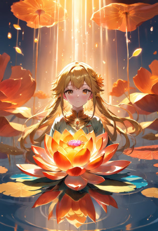 Enlightened mind, Red shades from orange to gold. About the rainbow-colored lotus spirit flower, And floats on transparency, Transparent water, Gold gradient background with light transparency. Golden energy flows from the flower core.