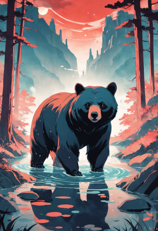 a picture of a black bear from a cg game, in the style of mid-century illustration, symbolic figurative landscapes, light red and silver, vintage poster design, organic art nouveau, saturated pigment pools, woodcut