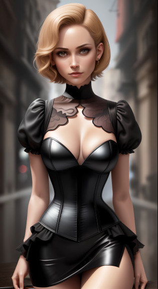Foto de (Carol Barcelos:1.1) ((Top Quality, 8k, Masterpiece: 1.3)), N�tido Foco: 1.2, Mulheres Bonitas com Figura Perfeita: 1.4, Slender Abs: 1.2, ((Layer-cut, Big: 1.2)), (Rain, Street: 1.2), Wet Body: 1.5, Highly Detailed Face and Skin Texture, Detailed Eyes, Double Eyelids, Very Short Hair, Studio, BDSM, slave, Black Corset, Bondage, Collar, saia justa, contido, calcinha � parte,  de baixo