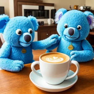raw photo, blue koala as a muppet, spongy texture, having a coffee on a wooden table, classic living room in the background, high detail, hd, best quality, high quality, highres, detail enhancement, 8k, hdr, sharp focus