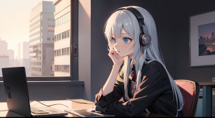 Anime girl with headphones sitting on laptop table, Business suits:1.3?silber hair?Semi-long hair?lofi-girl, lofi artstyle, lofi art, lofi vibes, lofi feel, adult lady?25-years old?lofi hip hop, lofi, chillhop, lofi girl aesthetic, lofi portrait, Lofivibe, lofi color, anime vibes, The aesthetics of the lofi