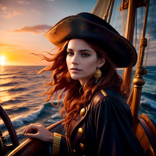 Ultra-detailed, cinematic photorealistic portrait of a strikingly beautiful female pirate captain confidently standing at the wheel of a weathered ship at sunset, photographed on 35mm film with an 85mm lens and soft diffused lighting, wearing a black tricorne hat over wavy red hair, embroidered navy blue coat with gold buttons, black leather heeled boots, intricate gold earrings and necklace, vast crashing ocean waves and vibrant purple sky behind her, intricate details on the ship's wheel and rails, dramatic pose as she grasps the wheel, photographed for a Louis Vuitton fashion campaign by Peter Lindbergh.