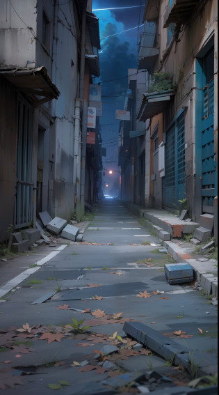 escena de un ciudad futurista abandonada de un estrecho callejon oscuro y misterioso, tonos principales de color grises y azules, estilo postapocaliptica,humo denso, llena de escombros y suciedad, chatarra oxidada tirada por la calle, paredes de cemento con grietas, por el suelo crece un poco de hierba muy verde que desentona con el ambiente oscuro y apagado, de fondo de noche, cielo lleno de estrellas