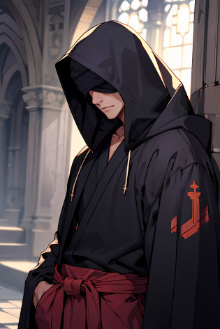 Wear a hood to cover your eyes?unholy?24 years of age, lean full muscles, Upper body only, waist up only, revealing upper body, robe?Cloth robes?beggar?Tattered costumes?Muscular, Tight body, Tight muscles, hyper colorful, Slag?Fanatics?Religious believers