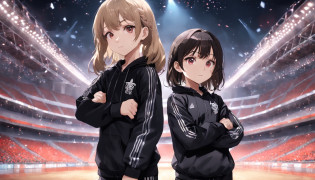 Two 11-year-old Russian children in black sportswear posing for a photo, menina coreana, menina russa jovem bonita, modelo russo bonito, Beautiful Russian child, Russian idol, foto da modelo magra, Russian idol child portrait, modelo com corpo atraente, usando roupas pretas apertadas, sporty physique, pose atraente