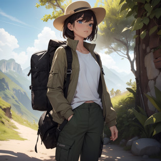 (masterpiece, best quality, 4k, photorealistic, cinematic, ultra-detailed), wide shot, full body, perfect anatomy, perfect eyes, perfect hands, ((1 boy)), cargo shorts or durable outdoor pants in a neutral color like khaki or olive, a moisture-wicking, lightweight, long-sleeve shirt or a breathable t-shirt with a fun outdoor-related graphic, a light windbreaker or a casual zip-up jacket that's easy to remove if it gets warmer, comfortable hiking shoes or trail runners with good grip, a wide-brimmed hat or a cap to protect from the sun, sunglasses, and a small backpack for essentials like water, snacks, and a map, ((1 girl)), High-waisted hiking shorts or convertible pants that can be turned into shorts, A moisture-wicking tank top or t-shirt with a nature-themed design, A lightweight, packable jacket that can easily be tied around the waist, Sturdy hiking boots or trail shoes, A wide-brimmed hat, sunglasses, and a crossbody bag for carrying essentials