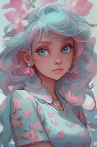 (NIJIFTB), a cartoon character with a pink hair and blue eyes wearing a blue dress and pink earrings and a blue dress with pink flowers on it's shoulders,