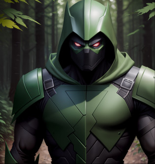 A closeup of a ninjain a green suit standing in a forest, green armor, dressed in stealth armor, green hood, stealth suit, dark supervillain, Marvel Tor, amazing 8K character concept art, wearing green armor and helmet, epic ninja costume, green fate guy, with bright runes on the body, matte green green armor, green goblin,  wearing green armor and helmet, epic ninja costume, green fate face, with bright runes on the body, dark green armor, green goblin,(8k, RAW photo, best quality, masterpiece: 1.2), ultra detailed, official art, photo-realistic: 1.37, upper body shot.