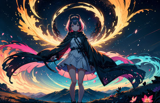 (solo girl), Format: Full Body Shot Topic: Anime girl on the surface of an alien planet with unique celestial landscapes, colorful extraterrestrial flora and fauna Description: Prepare to be transported to a supernatural realm while witnessing an anime girl on the surface of an alien planet. The scene unfolds amid breathtaking celestial landscapes, where vibrant colors and fantastical elements abound. The presence of the girl harmonizes with the exotic environment, evoking a sense of wonder and discovery. In this full-length photo, she stands up, her gaze fixed on the horizon, as if captivated by the beauty and mysteries of this alien world. The planet's terrain boasts spinning celestial formations, where swirling galaxies and constellations dance across the skies, painting a mesmerizing backdrop. The flora and fauna are unlike anything you see on Earth � extraterrestrial plants with luminescent petals, sparkling in shades of iridescent blues, purples and pinks, stretch out towards the heavens. Creatures with vibrant, jewel-hued feathers, bioluminescent patterns, and supernatural adaptations hover among the foliage. The combination of unique landscapes, vibrant colors and fantastic creatures creates an immersive experience that sparks the imagination. This captivating scene invites you to join the anime girl to explore the mysteries of this alien planet, where every step reveals new wonders and endless possibilities. Modifier: Supernatural, exotic, detailed, composition, vibrant colors Medium: Digital Art Style: Anime-inspired art style with a touch of science fiction and fantasy aesthetics Humor/Emotion: Wonder, Discovery, Immersion Composition: Expansive, Balanced Lighting: Magical, Illuminating Glow Color palette: Rich, vibrant colors, with a focus on blues, purples, pinks, and other heavenly tones Facial expressions:  Wonder, Curiosity Style/Color of Clothing: Unique costume that refl