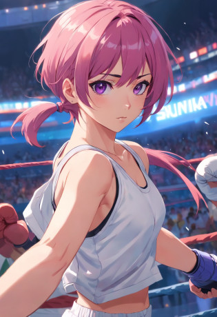 **an athletic girl, flat chest, pink hair, short messy hair, purple eyes, wearing a white MMA outfit and an off-shoulder jacket, shoulders exposed, punk, tough and aggressive, boxing wraps around hands