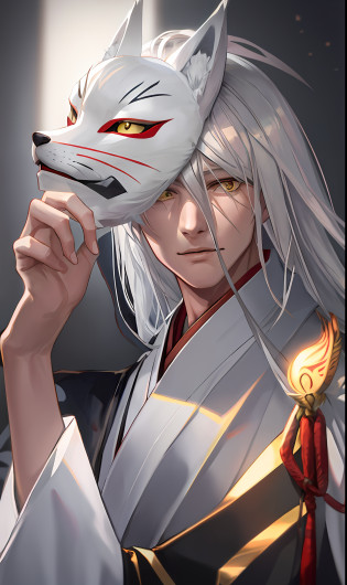 Close up portrait of man in cat mask, fox mask, vampire white fox, silver-haired fox, fox mask, fox mask on head, fox mask, Amaterasu, white fox, silver-haired god, cat, black kimono, realistic, 8k