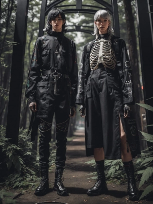 (Canon DSLR, Hasselblad, Nikon, Fujifilm, Kodak, RAW Photo, 300mm lens, ultra-wide angle, outdoors, full body couples portrait, fashion shoot, runway model, professional photo shoot, studio lighting, set in a lush forested solarpunk ruined skyscraper in a post-apocalyptic city, a college aged amateur couple in a casual pose, a boy and a girl who are both emo Caucasian white and norwegian, the girl is an alt girl pawg with a big ass and beautiful thick and round thighs with long wavy white hair hair and thicc and chubby with mascara and eyeliner, hairy armpits, the guy is handsome and muscular with a hipster dyed black haircut, they both look happy and confident, their hands are are in their pockets, :1. 4), (wide hips:0. 95), (natural C cup breasts:1. 1), (freckles, peachfuzz:0. 9), pale white realistic skin, skin pores, (mole:0. 8), looking at viewer, they are both wearing matching Kryptic Key outfits featuring a hanfu gothic industrial style in the darkest black fabric crafted from organic hemp fiber and featuring an asymmetric cut that's a nod to cyberpunk nonconformity, (Down the arms vibrant neon embroidery outlines intricate gothic arches symbolizing doorways to hidden knowledge, Across the front of the top is a large skeleton key embroidered in metallic silver thread acting as a cryptic centerpiece:1. 4), they are also wearing Black straight-cut jeans made from a blend of hemp and recycled synthetic fibers with additional panels of material sewn into the thighs and knees invoking an industrial worker's uniform with the hems left raw, they are also wearing silver pendants in the shape of a skeleton key on a black silk cord and heavy black boots with visible steel tips and key embossed silver buckles with vibrant neon shoelaces, (realistic and beautifully detailed eyes:1. 0), (HDR, bokeh, soft black vignette:1. 1), (masterpiece:1. 1), (intricate details:1. 1), (300mm, wide angle, Raw photo:1. 1), masterpiece, <lora:LowRA:0. 4>, <lora:detailmaker:0. 7>, <lora:Sharpness_Tweaker_V3:0. 17>, <lora:Saturation_Tweak:0. 2>, <lora:Brightness_Tweak:-0. 088>, <lora:FilmG3:0. 1>