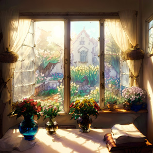 there are one vase of flowers on a table in front of a window, sunlit windows, summer morning light, photo of a beautiful window, realistic windows, dramatic warm morning light, natural window lighting, sunny bay window, vignette of windowsill, cozy home background, open window ib background, dramatic morning light, radiant morning light, afternoon sunlight