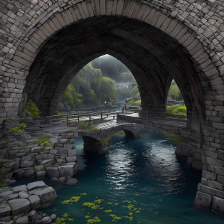 Computer, Extensive ultrasound photography (general view, bridge 1: 5, Scale, realistic fantasy, ultradetail, volumetric, detailed clarity, general view, detailed gloomy landscape bridge arch, under the bridge, computer accuracy, 1: 2, 8kk. In the foreground is a large beer barrel, a large stone bridge, a bridge arch, gray, swamp colors (ultradetailed), a bridge arch, under the bridge there is a bank, steps, a web under the pavement, a large wooden barrel (1: 2),  Wood (Ultradetail), Bridge Arch, Stones, River, Dark, Gloomy Colors, Horror, Magic(Best Quality), 4K, Ultra Detailed, (Dynamic Composition: 1.4), High Detailed, Colorful Details, (Gloomy Colors: 1.2), (Luminous Lighting, Atmospheric Lighting), Cold, Gloomy, Magical