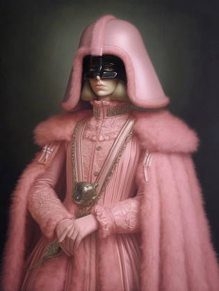 Renaissance painting of darth vader in pink fur as a fashion model, vogue, --ar 3:4