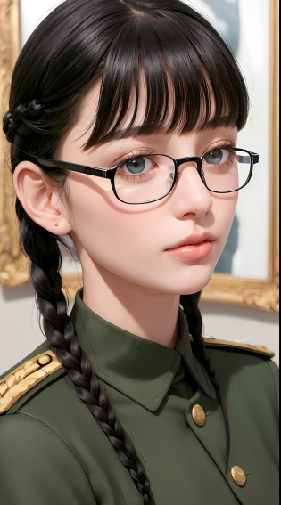 Modest outfit, remote shot, detailed beautiful delicate face, detailed beautiful delicate eyes, perfect facial proportions, high-definition skin, fine skin, four-inch best ratio. With one thumb, a masterpiece, highly detailed, realistic, (World War II German general uniform reference : 1.8), the highest face resolution, adult, modestly dressed woman, dressed entirely, ( small, black hair, black straight bangs, super fine braids, straight bangs, red glasses, dark green eyes), future, science fiction, fighter plane, standing On the landing of a fighter plane, the government agency, a deep intelligent personality, a calm expression, a respectful face, a war, a fighter plane