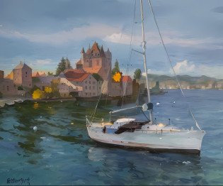 Draw a sailing ship in the port?The background is a castle, author?Richard Carlin, author?William Didier-Pouget, silvain sarrailh, Dmitry Spyros, author?Mikhail Yevstafyev, Aleksiy Zaitsev, author?Jonas Droz, author?Raphael Colin, author?Igor Kufayev, author?Robert Registrar