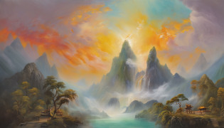 Ancient Chinese landscapes?mountain ranges?rios?Auspicious clouds?rays of sunshine?tmasterpiece?super detailing?Epic composition?hyper HD?high qulity?extremely detaile?offcial art?Unity8k wallpapers?super detailing?Intentional realm, 32k -- v 6