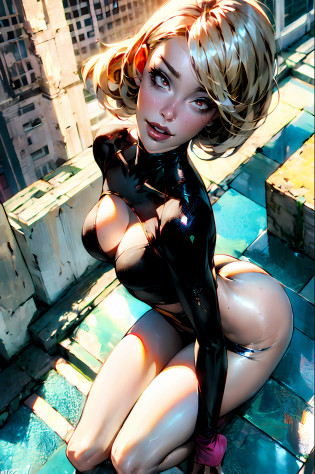 Gwen Stacy, 1chica, medium breast 1 girl, Cabello rubio corto, Mjuy wet and damp skin with sweat, Beautiful photorealistic Cardi B as a mix half Asian half German Gwen Stacy, spider gwen, Marvel Comics, with a high-angle shot with your back to the camera, superhero dynamic action poseTHE CHARACTER IS ON TOP OF A TALL BUILDING, CIUDAD DE MANHATTAN, rubor,vestida de blanco y magenta , areolas sobresalientes, dedo del pie de camello, Director de Escote, hendidura en el pecho, tea party, BDSM, high fantasy, huecograbado, lascivo, Tetono, dynamic pose, action pose, muy detallado, 8k, high resolusion, solamente, Labios Bimbo, maquillaje, pechos grandes y brillantes, guantes morados, vista de arriba hacia abajo, from above angle, fotorrealista, Cine 4D, Renderizado de octanaje, Innovador, sexy, curvy but slender, Mystical aura, niebla humeante, Estilo Illuminati, use advanced machine learning to create the perfect succubus, solamente, arrodillado, dedo del pie de camello expuesto, Vice Magazine Photography Style, tendencia en pixiv, tendencia en civitai, Perfectcomposition, SFW, Calidad profesional, motor irreal, perfecto, Pose perfecta, perfect angle, manos perfectas dedos perfectos pechos perfectos ajuste perfecto cuerpo perfecto cara cara realista piel perfecta imagen perfecta, perfecto, EL PERSONAJE DEBE ESTAR EN LA PARTE SUPERIOR DE UN EDIFICIO QUE MUESTRE UNA GRAN CIUDAD DEBAJO DE ELLA..