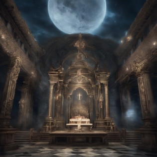 Draw a mystical and enigmatic scene, Coloque a ampulheta com a areia escorrendo lentamente. Dentro da ampulheta, desenhe a imagem detalhada da lua, com todos os seus detalhes e texturas. Use shades of blue and silver to create a magical and mysterious atmosphere around the altar.