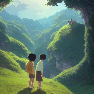 a highly detailed matte painting of a young boy and girl at the bottom of a huge hill by studio ghibli, makoto shinkai, by artgerm, by wlop, by greg rutkowski, volumetric lighting, octane render, 4 k resolution, trending on artstation, masterpiece