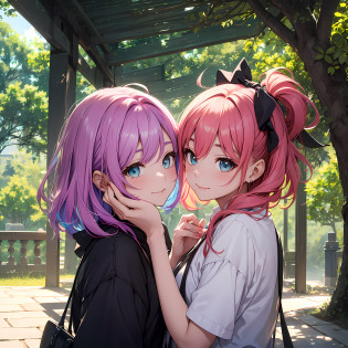 (maximum quality:1.5)?(ultra- detailed:1.5)?(Highest quality photos:1.5)?She was always colorful around her.?Its hair is bright pink?The eyes glowed a deep purple?Her bright smile is like a rainbow?people?It warmly enveloped the heart of?

one day?She met by chance in the park?His name is Taiyosuke?He, too, was a colorful presence?His smile is as bright as sunlight?His eyes shone as blue as the sea.?

The two are drawn to each other's colorful presence.?I was able to connect with them right away.?Their love is like a beautiful painting?appearance?It was colored with colors?

Together they went on a colorful journey?Looking at the blue sea?Thrill your heart with the red sunset?Hand in hand in a green forest?Their love is?It spread out beautifully like a symphony of colors and sounds overflowing in nature.?

however?Over time?Their colorful love faced trials?Facing the reality that each other's paths are diverging?Their hearts were filled with deep sorrow?

Still, the two of them hold colorful memories in their hearts.?other?I decided to follow the path of?Thank you that they shared a colorful time?I knew that even though we were far apart, our hearts were connected.?

She still cherishes his presence?Her hair is still bright pink?Her eyes glow a deep purple?His memories continue to weave colorful emotions in her heart.?

Although this colorful love story is over,?She will always hold those beautiful memories in her heart.?They will pursue new adventures.?Y?Her next love is?It will be colored with new colors.?