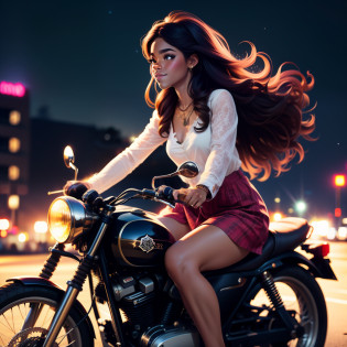 Pretty brown skin girl, hippie clothes, riding motorcycle, long hair, epic pictures, high quality pictures, sparkling pictures, in the city night vision, sparkling stars
