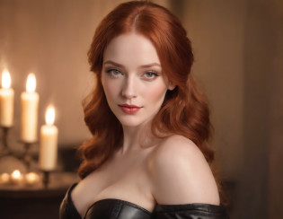 Stable Diffusion prompt: woman with ginger hair in black leather corset, ginger hair, brown eyes, pale skin, freckles, pretty face, christina hendricks, karoline herfurth, playful smirk, confident gaze, long flowing ginger hair, thick woman, curvy woman, busty, big breasts, mommy, domme, dominatrix, beautiful, milf, intimate atmosphere, nighttime, soft lighting, fireplace in background, candles in background, motherly, alluring pose, vibrant colors, realistic details, high resolution (4k), photorealistic style, sensuous ambiance