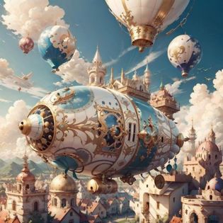 <lora:IvoryGoldAI:.9>  IvoryGoldAI dirigible in skies, flying