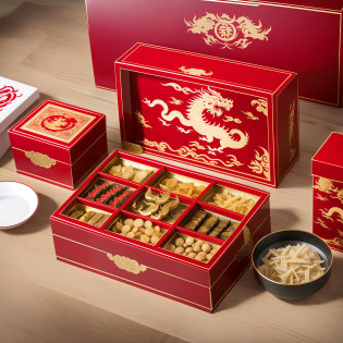 High-end Chinese Dragon Boat Festival gift box, the gift box is open, the gift box is covered with circling dragons, fangs, Chinese dragons, (a detailed close-up picture quality Dragon Boat Festival food gift box), Chinese style is simple and monotonous --auto --s2