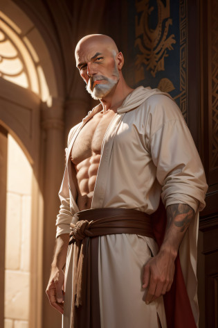 In the heart of ancient Athens, the renowned playwright Aeschylus stands as a towering figure of wisdom and creativity. His bare scalp catches the sunlight, a gleaming testament to the passage of time and the mark of his distinctive appearance. Dressed in flowing robes of deep crimson, his commanding presence emanates an aura of both gravitas and artistic passion.

Aeschylus' bald head is a canvas etched with the lines of countless stories, each one reflective of his profound understanding of the human experience. His strong features exude a timeless elegance, his intense gaze revealing the fire of inspiration that burns within him. As the wind rustles through his robes, his persona exudes a sense of authority and creativity interwoven with the essence of his craft.

Amidst the bustling streets of Athens, Aeschylus finds solace in quiet corners where he can contemplate and allow his imagination to flourish. The absence of hair atop his head serves as a distinctive trademark, one that sets him apart as a figure of intellectual and artistic prowess. His presence commands attention, his aura a magnet for aspiring poets, playwrights, and thinkers eager to glean insights from his profound perspectives.

Surrounded by the whispers of ancient scrolls and parchment, Aeschylus' bald head becomes a symbol of his unwavering commitment to storytelling and exploration of profound themes. Quills and inkpots sit ready at his side, poised to translate the musings of his fertile mind onto the pages of history. His interactions with fellow citizens reflect a humble confidence, a demeanor that carries the weight of knowledge accumulated over a lifetime of creative expression.

Within the hallowed theater, Aeschylus' bald head becomes a focal point of attention, a beacon guiding both actors and audience through the intricate tapestry of his plays. As he delivers his words with a voice that resonates like the echoes of ancient chants, the bald expanse of his head is illuminated by the f