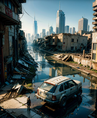 araffatured cityscape with a puddle of water in the middle, in a post apocalyptic city, outdoors ruined cityscape, destroyed city in the background, post - apocalyptic city, dystopian wasteland, ruined cityscape, in a ruined cityscape, destroyed city, an abandoned dystopian city, post - apocalyptic city streets, apocalyptic city, post apocalyptic city, dystopian scifi apocalypse, bleak apocalyptic environment
