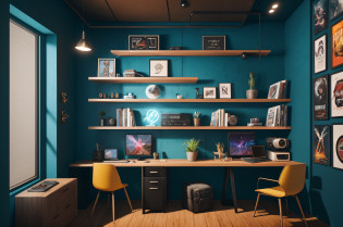 It's evening, Imagine a podcast room that unites the visual styles of 