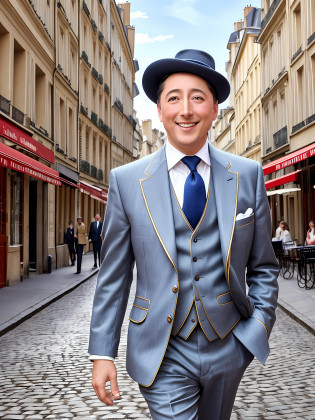 Charles Trenet:
Masterpiece Photography Ultra Realistic Description: Charles Trenet, the poetic crooner, shines in this hyper-realistic 4K photograph. He is portrayed in a tailored suit, exuding elegance and charm. The backdrop is a picturesque Parisian street, with cobblestone paths and quaint cafes, evoking a sense of nostalgia and romance. Charles Trenet's warm smile and twinkling eyes capture his joyful spirit and the timeless appeal of his music, celebrating his enduring legacy as one of France's most beloved singers.