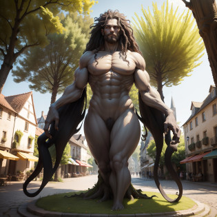 monster, 2 meters, a tree, human face, Yellow eyes, Hands Branches, Column legs, curly hair with leaves, Top Quality, tmasterpiece, Repulsive appearance, Resemblance to oak, on two legs, Close to the viewer, In the town square, Medieval town in the background
