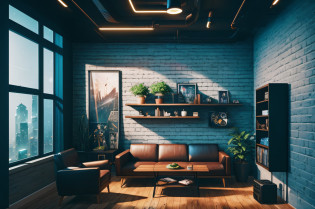 It's evening, Imagine a podcast room that unites the visual styles of 