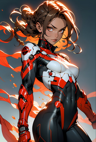 Solo, 1female, stron, toned abs, hair with side braids, red eyes, light brown skin, Greek) wearing a witchblade suit, armpit. ((masterpiece), best quality, ultra high resolution), warrior