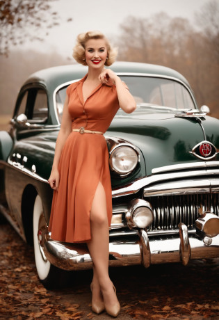 (Beautiful blonde woman in stockings of the 1950s,fix a wheel on your vintage Buick,Vintage postcard-style photography:1.2),Detailed Face,Smiling,Retro hairstyle,(Vintage clothes:1.1),Classic car,Foggy sunlight,Autumn leaves on the ground,Lush garden,Vintage color palette,soft-lighting,Vivid colors,Artistic brush strokes,Vintage tuna squid,Vintage texture,Vintage props,Motion blur effect.You can see the legs
 legs spread apart, you can see sexy stockings;