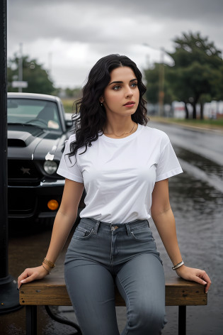 ((Best Quality, 8k, Masterpiece:1.3)), Focus: 1.2, Perfect Body Beauty: 1.4, Arabian 27 years old woman: 1.2, ((Black curly Hair)), (Steel gray plain round neck regular fit basic tee-shirt:1.1), no print on Teeshirt, basic full body length regular fitting tee-shirt, Dark grey skinny jeans, long jeans: 1.1, short sleeves black regular tee-shirt, Highly detailed face and skin texture, Detailed eyes, Double eyelids, toned body, Whitened skin, serious mood, large toned breasts, toned firm legs, high heel's, whitened skin, detailed black eyes, black wavy hairstyle, detailed face, middle eastern woman, baggy medium size basic tee-shirt, simple plain Baggy Tee-shirt, toned firm hips, 8K UHD, black anklet, model looks, apocalypse city, rainy weather, dark clouds, silver wrist watch, bracelet, bangle's, open legs style Posing, old gas station, sitting on a old wooden chair, high heels, detailed beautiful feets, detailed feets fingers and shape, dusty sunny weather, old petrol pump, rainy atmosphere, wet roads, model shoot style, she's standing front of Shelby Mustang, full car visible in image, blue cloudy sky
