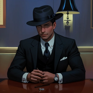 arafed man in a suit and tie sitting at a table with a cigar, a suited man in a hat, handsome man, tipping his fedora, noir detective and a fedora, digital art of an elegant, gentleman, inspired by Art Frahm, elegant digital painting, stylized digital illustration, attractive man, beautiful man, film noir realistic