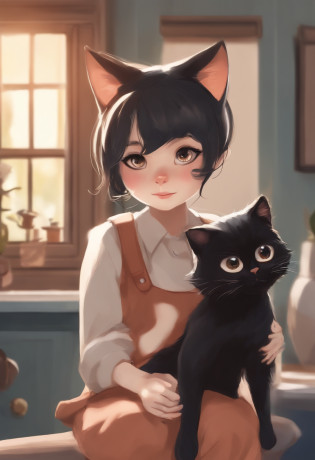 uma menina dos desenhos animados com um gato em seu ombro, estilo de arte dos desenhos animados, em estilo anime, em estilo anime, estilo de arte bonito, gatinha, estilo anime plano, in cartoon style, Coraline, estilo minimalista dos desenhos animados, there is a cat next to her, fanart detalhado, menina emo e seu gato, Directed by: Ni Duan