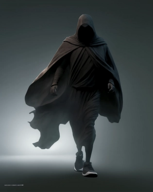 levitating dark cloaked figure with Nike swoosh on cloak opening the void to infinity by Craig Mullins, 3D octane rendeing, high detail, 8k resolution, volumetric lighting, Nike, Nike swoosh, Nike logo, Nike air max
