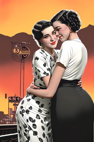 portrait of 2girls, duo, (couple cuddling),retro haircut,double tails,dressed in a 1930s-inspired dress, pencil skirts, skull print, Orange sky, Outdoors,retro Train station, Stand in front of the retro train,Hug and touch each other, Tease a friend's belly, Tease a friend's buttocks, Blushing friend, Biting a friend's earlobe, Hug each other from behind, Touch your friend's breast from below,
