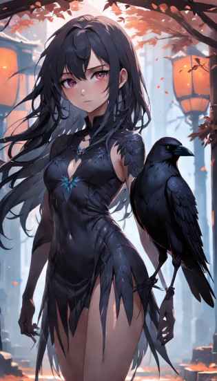 masterpiece, best quality, movie still, 1girl, monstergirl, crow woman, full body, portrait, detailed (eyes), long (hair), perfect body, proportional body, crow|raven wings, deep look, wearing (short dress and (pants:1.1)), close-up,  cold soft lighting, sunset, (aura:0.7)