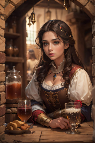 There's one with brown hair and peasant clothes sitting in a tavern, fantasy genre portrait, Foto do personagem de fantasia, retrato medieval, como um personagem de fantasia medieval, donzela bonita, estilo medieval, vestidos com roupas medievais, retrato do personagem da fantasia, em estilo renascentista, em alto estilo renascentista, retrato realista do renascimento, linda donzela fantasia , medieval, jogo de fantasia medieval, Fotografia profissional,mulher europeia,(obra prima)(Ultra realista),(melhor qualidade),(mulher medieval :1.2),(Ultra Detalhado),(ambiente desfocado :1.5),(ambiente profundo),(trajes velhos :1.3)(roupa descastada)(camponesa :1.2)